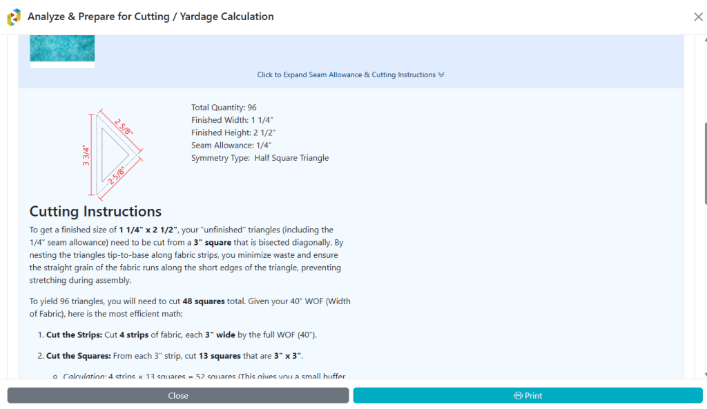 CINCHQuilt screenshot of Cutting Instructions with detailed instructions on patch placement and how to maximize your fabric.